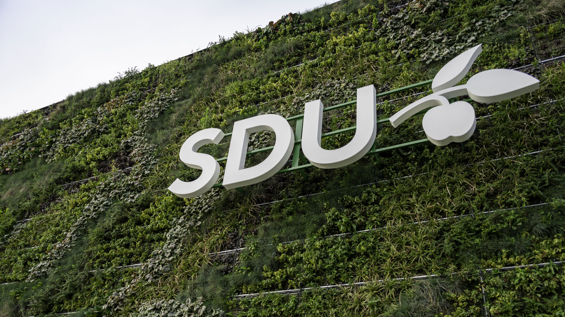 SDUs logo hængende på en grøn væg udenfor.